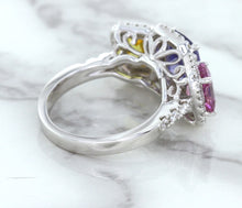 Load image into Gallery viewer, Multicolor Sapphire Ring with Diamond Halo in 18K White Gold