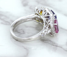 Load image into Gallery viewer, Multicolor Sapphire Ring with Diamond Halo in 18K White Gold