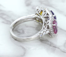 Load image into Gallery viewer, Multicolor Sapphire Ring with Diamond Halo in 18K White Gold