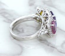 Load image into Gallery viewer, Multicolor Sapphire Ring with Diamond Halo in 18K White Gold