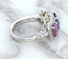 Load image into Gallery viewer, Multicolor Sapphire Ring with Diamond Halo in 18K White Gold