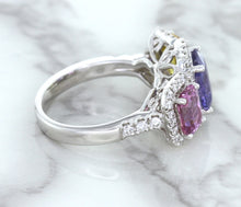Load image into Gallery viewer, Multicolor Sapphire Ring with Diamond Halo in 18K White Gold