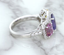 Load image into Gallery viewer, Multicolor Sapphire Ring with Diamond Halo in 18K White Gold