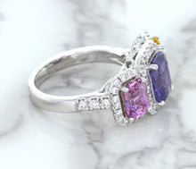 Load image into Gallery viewer, Multicolor Sapphire Ring with Diamond Halo in 18K White Gold