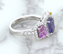Load image into Gallery viewer, Multicolor Sapphire Ring with Diamond Halo in 18K White Gold