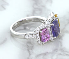 Load image into Gallery viewer, Multicolor Sapphire Ring with Diamond Halo in 18K White Gold