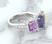 Load image into Gallery viewer, Multicolor Sapphire Ring with Diamond Halo in 18K White Gold