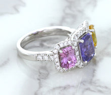 Load image into Gallery viewer, Multicolor Sapphire Ring with Diamond Halo in 18K White Gold
