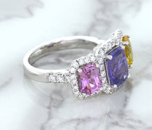 Load image into Gallery viewer, Multicolor Sapphire Ring with Diamond Halo in 18K White Gold