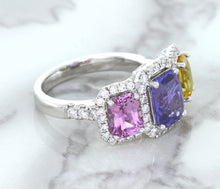 Load image into Gallery viewer, Multicolor Sapphire Ring with Diamond Halo in 18K White Gold