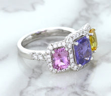 Load image into Gallery viewer, Multicolor Sapphire Ring with Diamond Halo in 18K White Gold