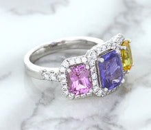 Load image into Gallery viewer, Multicolor Sapphire Ring with Diamond Halo in 18K White Gold