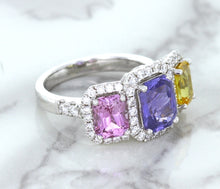 Load image into Gallery viewer, Multicolor Sapphire Ring with Diamond Halo in 18K White Gold