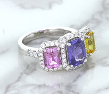 Load image into Gallery viewer, Multicolor Sapphire Ring with Diamond Halo in 18K White Gold