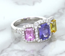 Load image into Gallery viewer, Multicolor Sapphire Ring with Diamond Halo in 18K White Gold