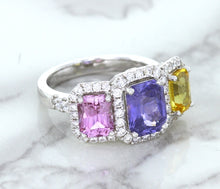 Load image into Gallery viewer, Multicolor Sapphire Ring with Diamond Halo in 18K White Gold