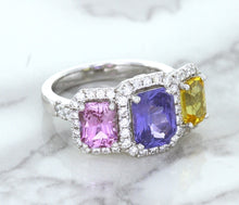 Load image into Gallery viewer, Multicolor Sapphire Ring with Diamond Halo in 18K White Gold
