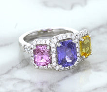 Load image into Gallery viewer, Multicolor Sapphire Ring with Diamond Halo in 18K White Gold