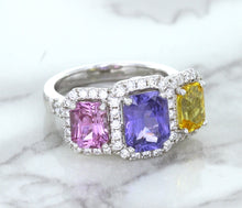 Load image into Gallery viewer, Multicolor Sapphire Ring with Diamond Halo in 18K White Gold