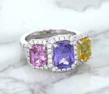 Load image into Gallery viewer, Multicolor Sapphire Ring with Diamond Halo in 18K White Gold