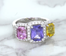 Load image into Gallery viewer, Multicolor Sapphire Ring with Diamond Halo in 18K White Gold