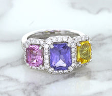 Load image into Gallery viewer, Multicolor Sapphire Ring with Diamond Halo in 18K White Gold