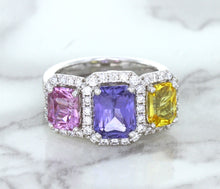 Load image into Gallery viewer, Multicolor Sapphire Ring with Diamond Halo in 18K White Gold