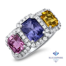Load image into Gallery viewer, Multicolor Sapphire Ring with Diamond Halo in 18K White Gold