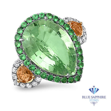 20.07ct Pear Green Sapphire Ring with Tsavorite Halo and Padparadschas with Diamond Halo in 18K White Gold