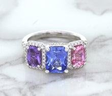Load image into Gallery viewer, Multicolor Sapphire Ring with Diamond Halo in 18K White Gold