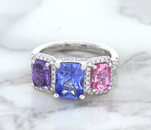 Load image into Gallery viewer, Multicolor Sapphire Ring with Diamond Halo in 18K White Gold