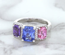 Load image into Gallery viewer, Multicolor Sapphire Ring with Diamond Halo in 18K White Gold