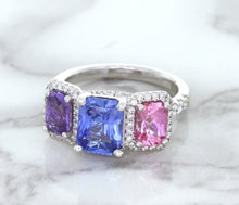 Load image into Gallery viewer, Multicolor Sapphire Ring with Diamond Halo in 18K White Gold