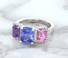 Load image into Gallery viewer, Multicolor Sapphire Ring with Diamond Halo in 18K White Gold