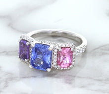 Load image into Gallery viewer, Multicolor Sapphire Ring with Diamond Halo in 18K White Gold