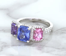 Load image into Gallery viewer, Multicolor Sapphire Ring with Diamond Halo in 18K White Gold