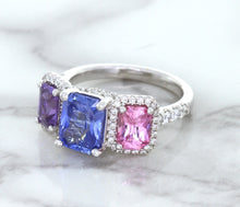 Load image into Gallery viewer, Multicolor Sapphire Ring with Diamond Halo in 18K White Gold