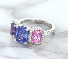 Load image into Gallery viewer, Multicolor Sapphire Ring with Diamond Halo in 18K White Gold