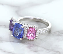 Load image into Gallery viewer, Multicolor Sapphire Ring with Diamond Halo in 18K White Gold