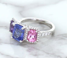 Load image into Gallery viewer, Multicolor Sapphire Ring with Diamond Halo in 18K White Gold