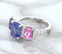 Load image into Gallery viewer, Multicolor Sapphire Ring with Diamond Halo in 18K White Gold