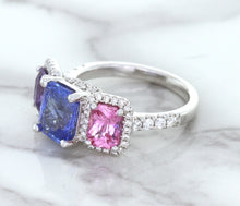 Load image into Gallery viewer, Multicolor Sapphire Ring with Diamond Halo in 18K White Gold