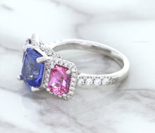 Load image into Gallery viewer, Multicolor Sapphire Ring with Diamond Halo in 18K White Gold