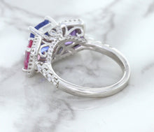 Load image into Gallery viewer, Multicolor Sapphire Ring with Diamond Halo in 18K White Gold