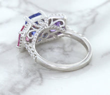 Load image into Gallery viewer, Multicolor Sapphire Ring with Diamond Halo in 18K White Gold