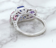 Load image into Gallery viewer, Multicolor Sapphire Ring with Diamond Halo in 18K White Gold