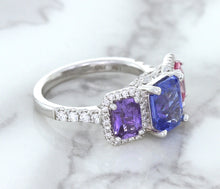 Load image into Gallery viewer, Multicolor Sapphire Ring with Diamond Halo in 18K White Gold
