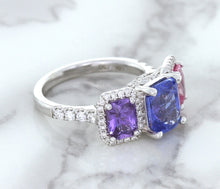 Load image into Gallery viewer, Multicolor Sapphire Ring with Diamond Halo in 18K White Gold