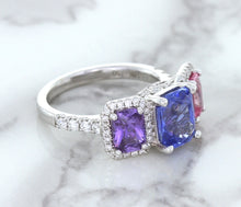 Load image into Gallery viewer, Multicolor Sapphire Ring with Diamond Halo in 18K White Gold