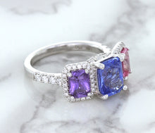 Load image into Gallery viewer, Multicolor Sapphire Ring with Diamond Halo in 18K White Gold
